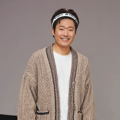 as a K-pop idol at a fan meeting event, wearing a cute oversized cardigan with a headband, smiling , mid shot photo