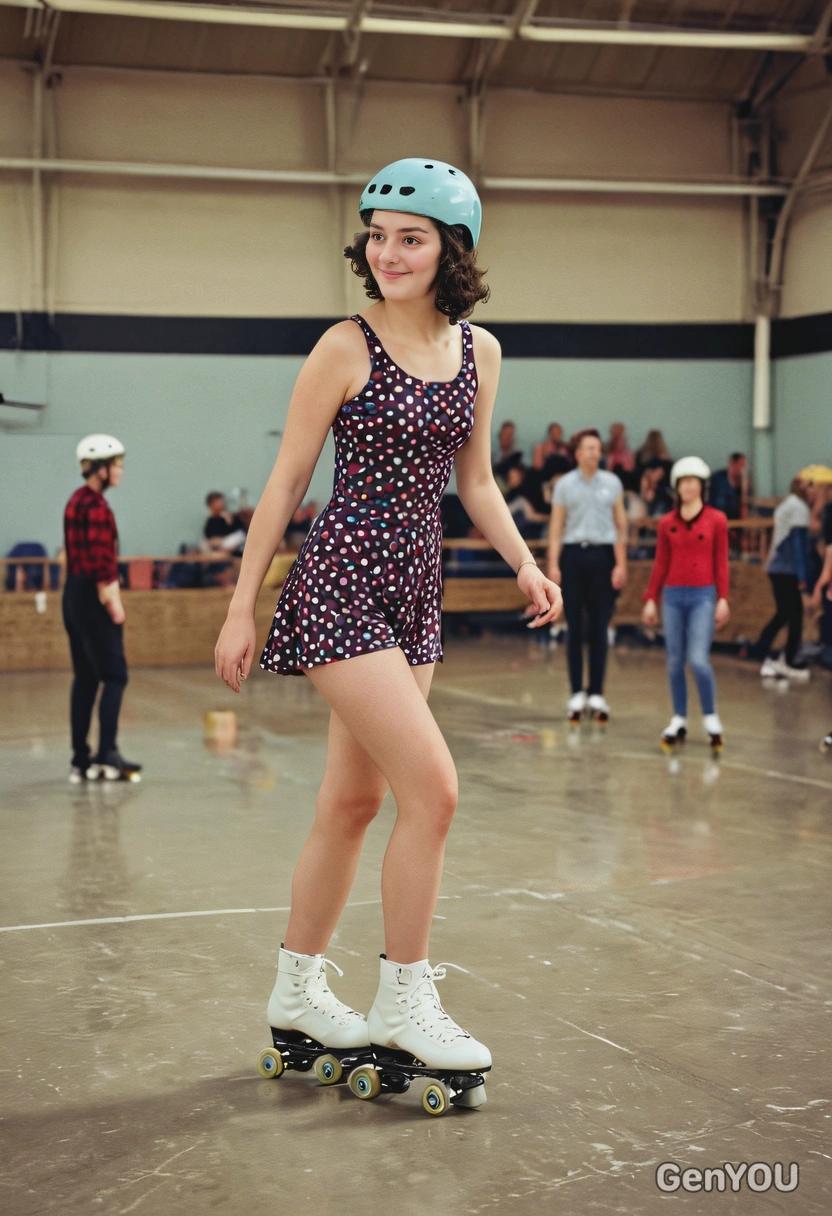 roller skating at the rollerdrome, 60s style, full body image, people around, blurry background