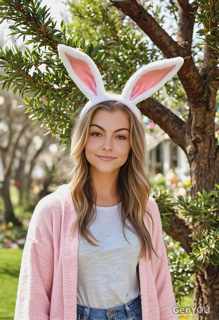 in a trendy, oversized outfit wearing bunny ears, standing by a decorated Easter tree, outside. realistic skin texture, natural lighting, blurred background