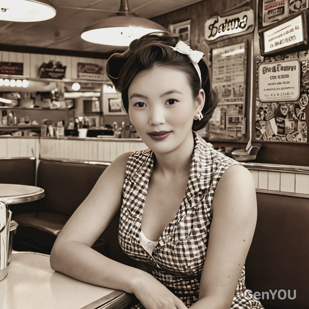 in 1950s rockabilly style, sitting in a retro diner booth, with a soft sepia effect