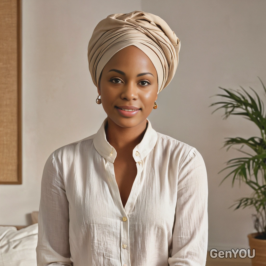 in a chic turban and a crisp linen shirt, modest, in a bright and airy studio, soft focus, blurred background, looking at viewer, golden hour lighting, sharp skin texture