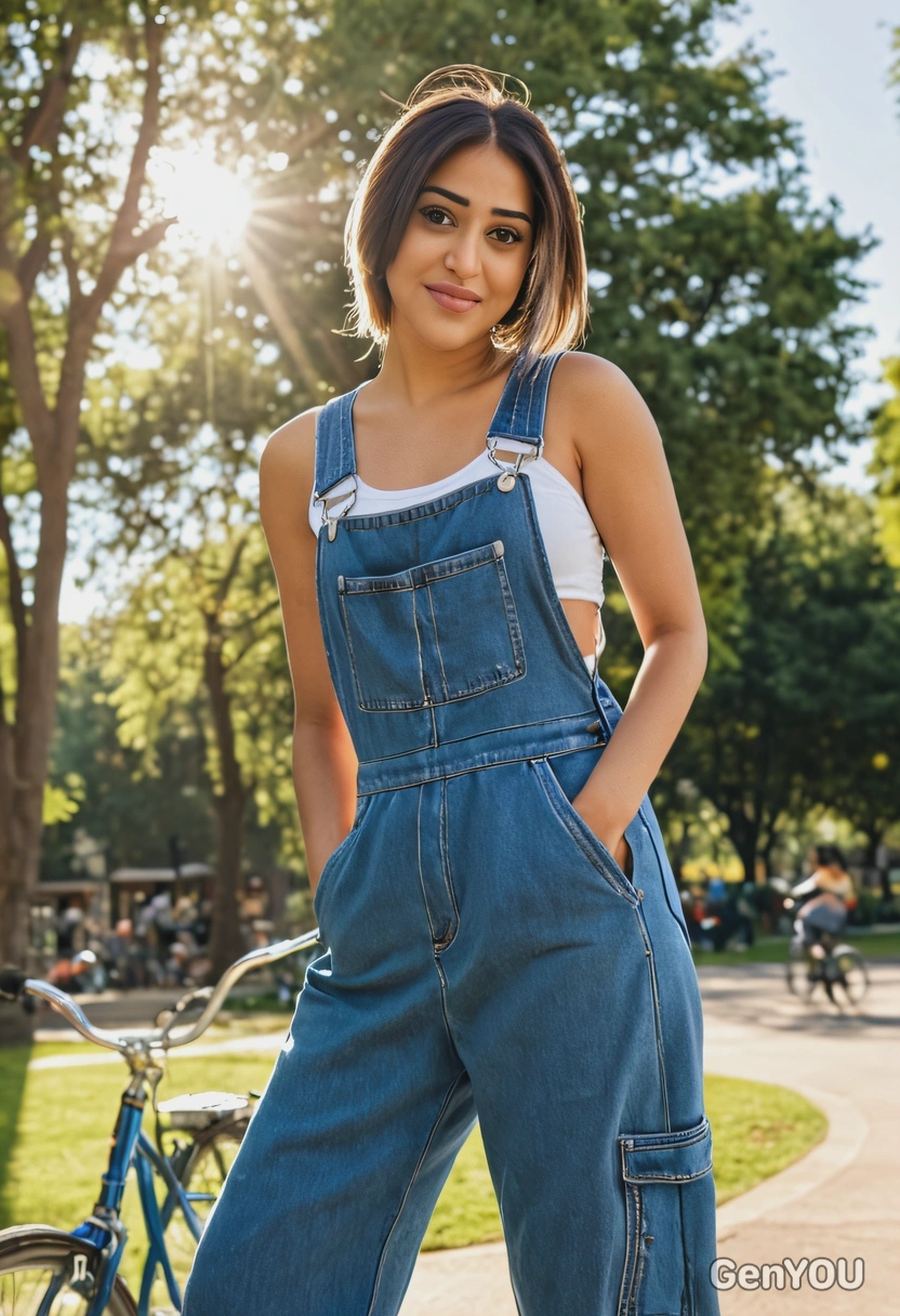 sharp focus on the face skin texture, wearing oversized loose-fitted chunky hip-hop denim jumpsuit, relaxed pose,  bright sun rays, blurry hip urban park with a bicycle background