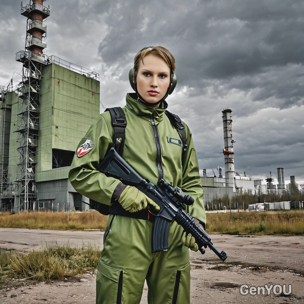 as a cosplayer of Stalker, in olive green rubber suit, rifle in hands, standing next to entrance to Chernobyl nuclear power plant, dark gray sky, looking straight at camera, vivid colors, high-quality cinematographic style