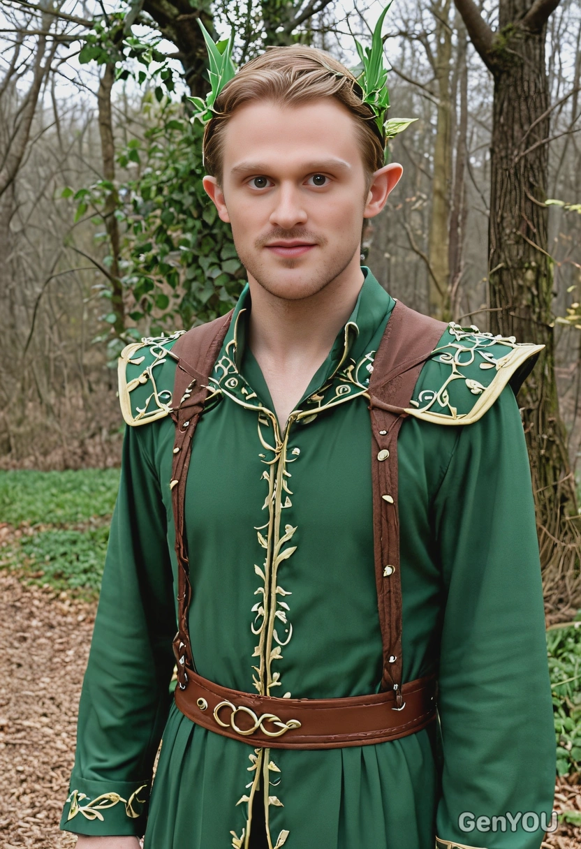 Dressed as a forest elf, wearing a long, green gown with vine details