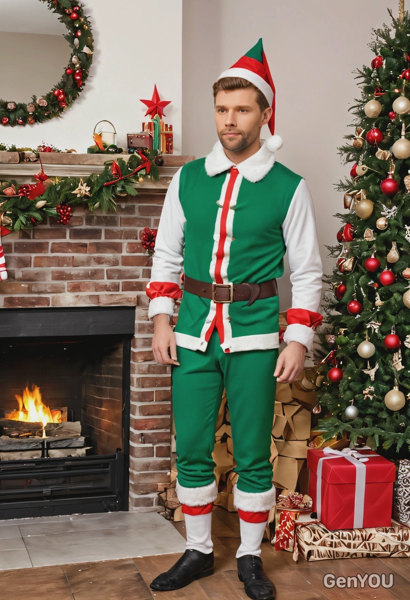 as a Christmas elf, standing by a decorated fireplace, full body 