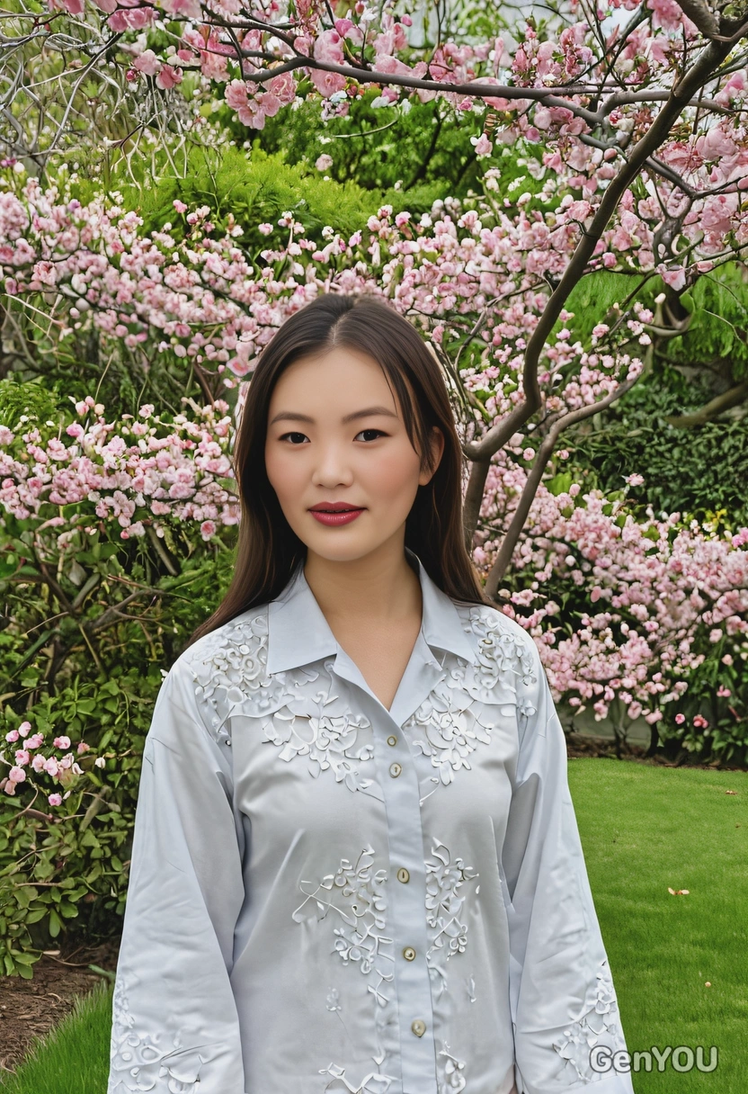 standing in a garden, with the tree branches above covered in blossoms
