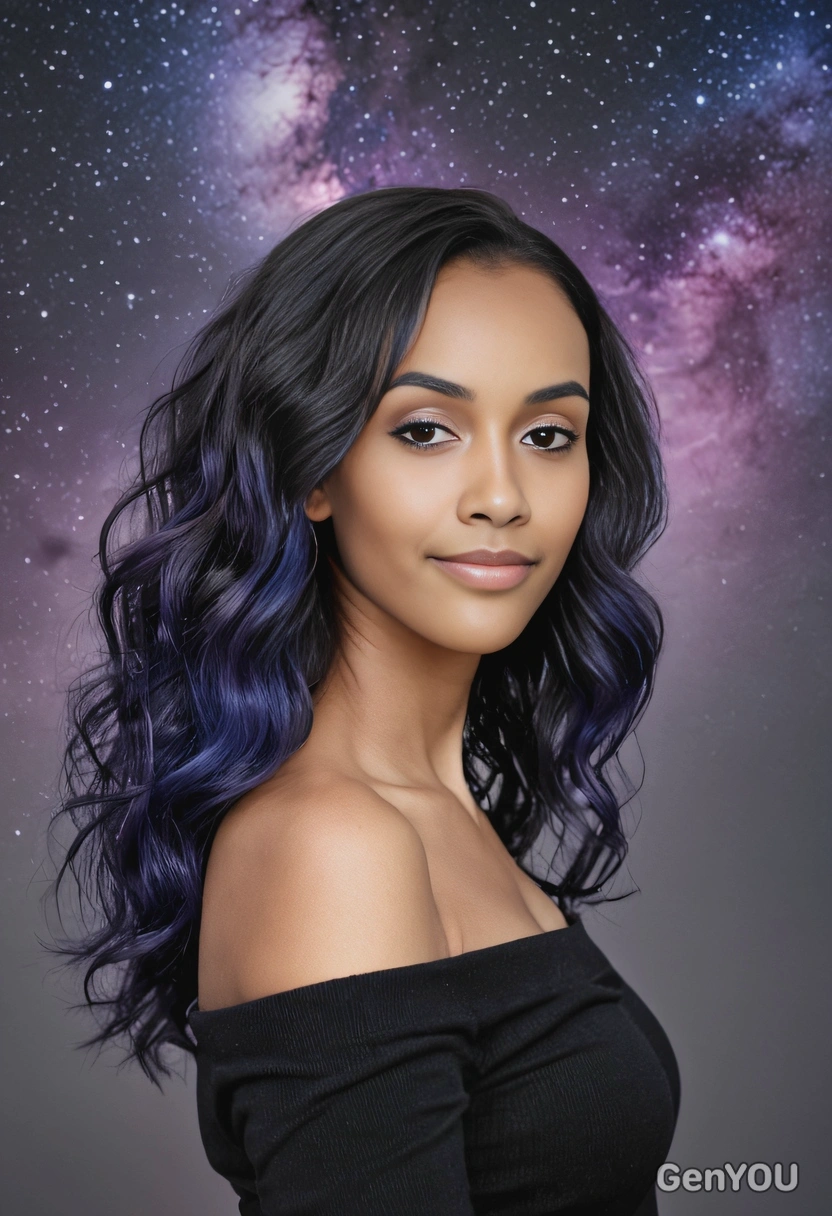 wavy, waist-length hair with a galaxy-inspired gradient of deep blue, purple, and black, soft focus, blurred background