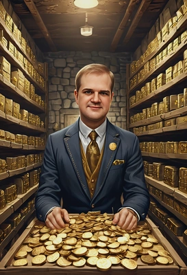 @me as a rich man, in a bank cellar, heaps of dollars and gold coins around, smiling, looking directly at the camera, symmetrical clothing details, cartoon style, high-quality stylized art