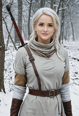 as Ciri from The Witcher 3,  wearing her ash-colored tunic, standing in a snowy landscape with a determined expression
