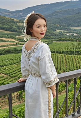 standing on a terrace with views of rolling hills and vineyards below, in fancy linen costume