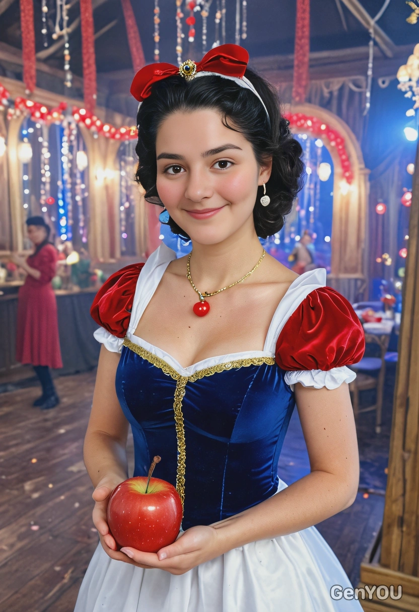 dressed as Snow White at a costume party, holding a red apple, full-body image, in a decorated party hall with magical blurry lights