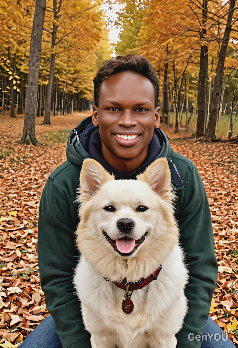 smiling, with a cute dog in fall 