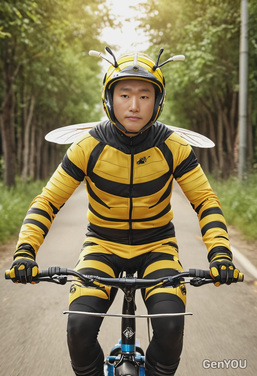 riding bike in a bee costume, symmetrical clothing details, blurred background, cinematographic style
