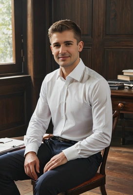 seated in a dark wood-paneled study, white classic shirt, sharp high-quality image, midday indoor lighting, sun glare, soft shadows, luxury style