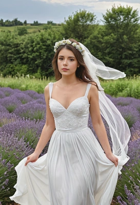 As a bride in a flowing chiffon dress with a floral headpiece, walking through lavender fields at a countryside wedding