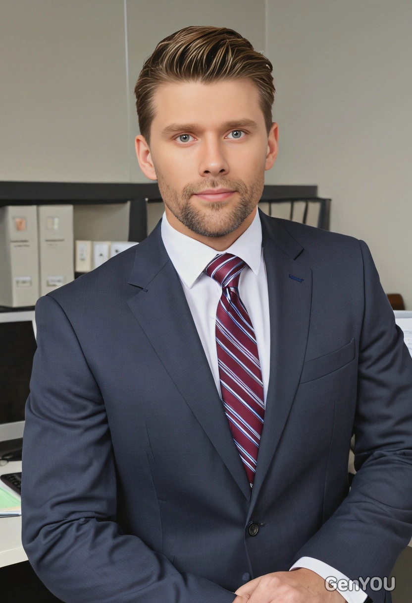 as an accountant, wearing a business suit, in a corporate office