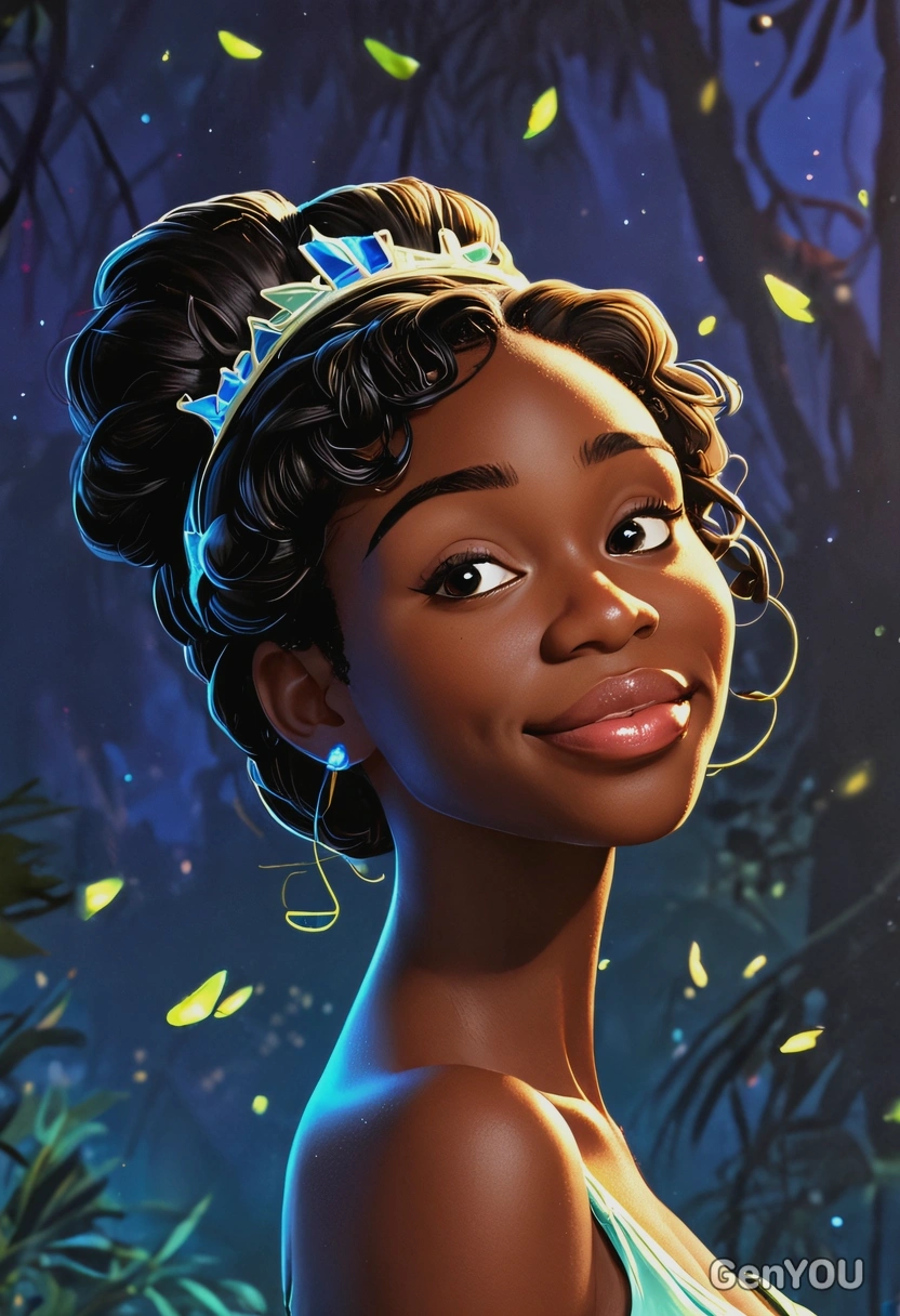 2D cartoon Disney style, Tiana from The Princess and the Frog, waist-up portrait, bold and vibrant multiplications with dynamic, fluid movement, bayou background with glowing fireflies and rich blues