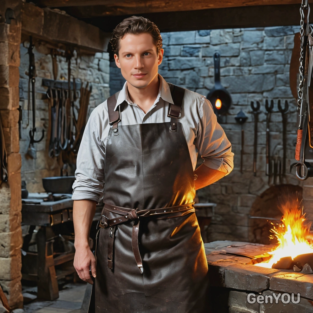 as a medieval blacksmith, wearing a leather apron, standing in front of a glowing forge in a dimly lit stone workshop