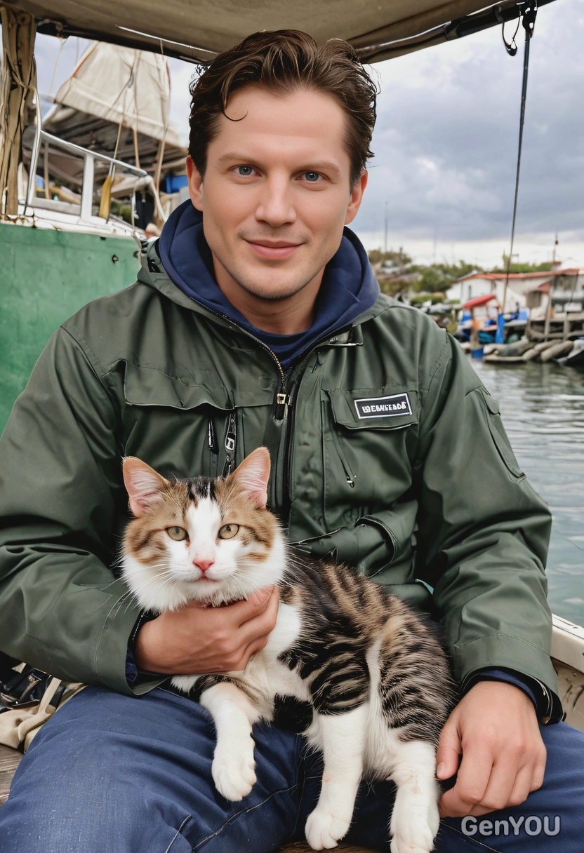 as a fisherman with a cute stray cat in his lap, smiling 