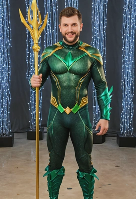 in aquaman costume, full body image, costume party setting, lights everywhere