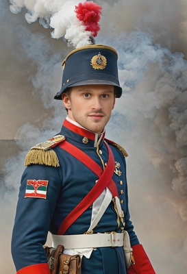 wearing a Napoleonic-era soldier’s uniform, the smoke of battle rising behind him