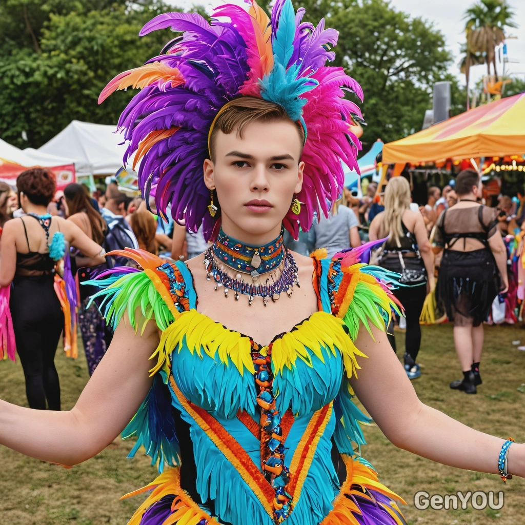 in a vibrant, feathered carnival costume, standing at a lively outdoor festival, surrounded colorful streamers