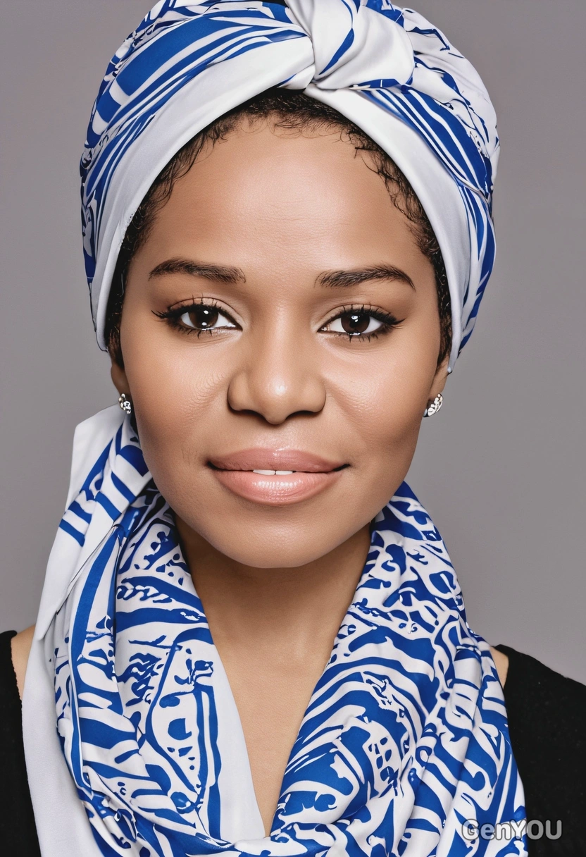 with matte makeup, featuring a smooth and non-shiny finish, head scarf, white and blue east-european motives
