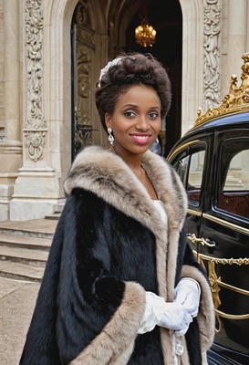 as a grand duchess, dressed in a luxurious fur coat, stepping out of a royal carriage in front of a grand palace entrance, half body portrait 