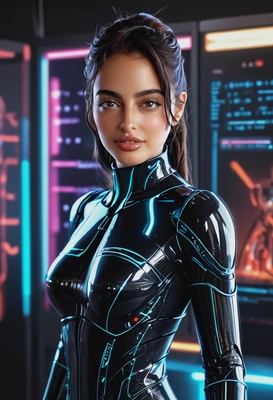 wearing a sexy android suit standing in a digital world inside of neon server, half-body shot, high-quality image, bokeh effect reflecting on body, eyes on viewer