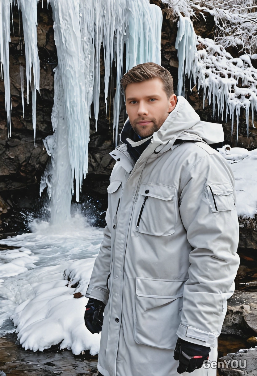 standing next to a frozen waterfall, in a winter coat