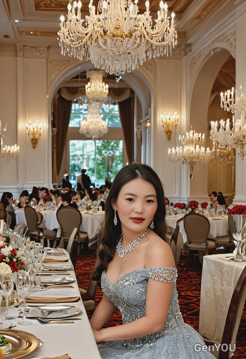 wearing an elegant gown, sitting at a long banquet table at a luxurious gala, surrounded by crystal chandeliers and fine dining settings