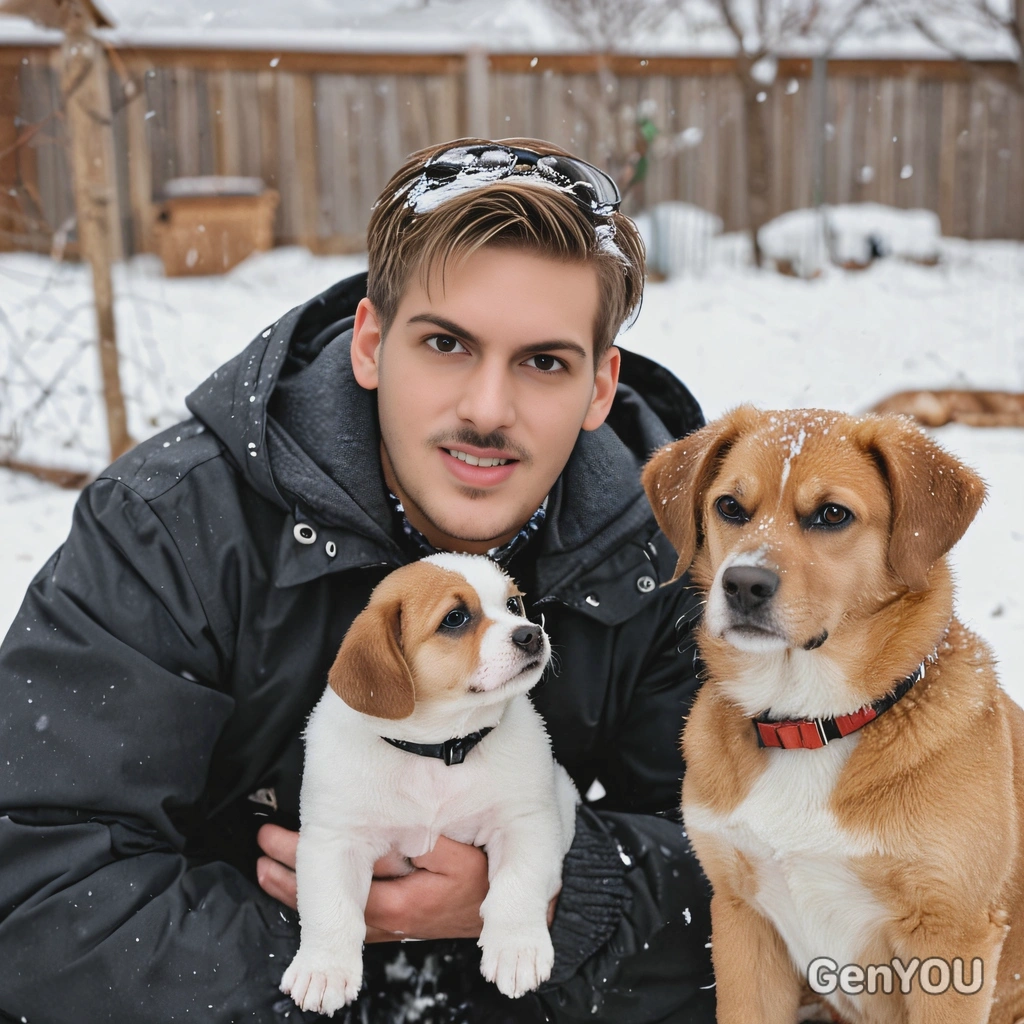 with a puppy in a snowy backyard, soft focus, blurred background 