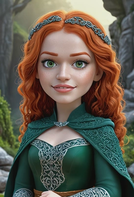 3D cartoon Pixar style, Merida from Brave, oversized cartoon big sparkling eyes, close-up portrait, soft smile, wearing a dark green gown with intricate Celtic patterns, determined expression, standing against a misty forest background with ancient glowing stones