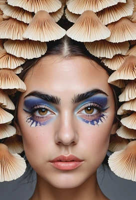 wearing artsy makeup inspired by mushrooms, professional magazine photoshoot, symmetrical details