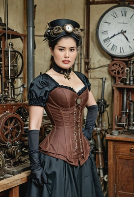 as a Victorian-era Steampunk lady, wearing a corseted dress, posing in a clockwork workshop