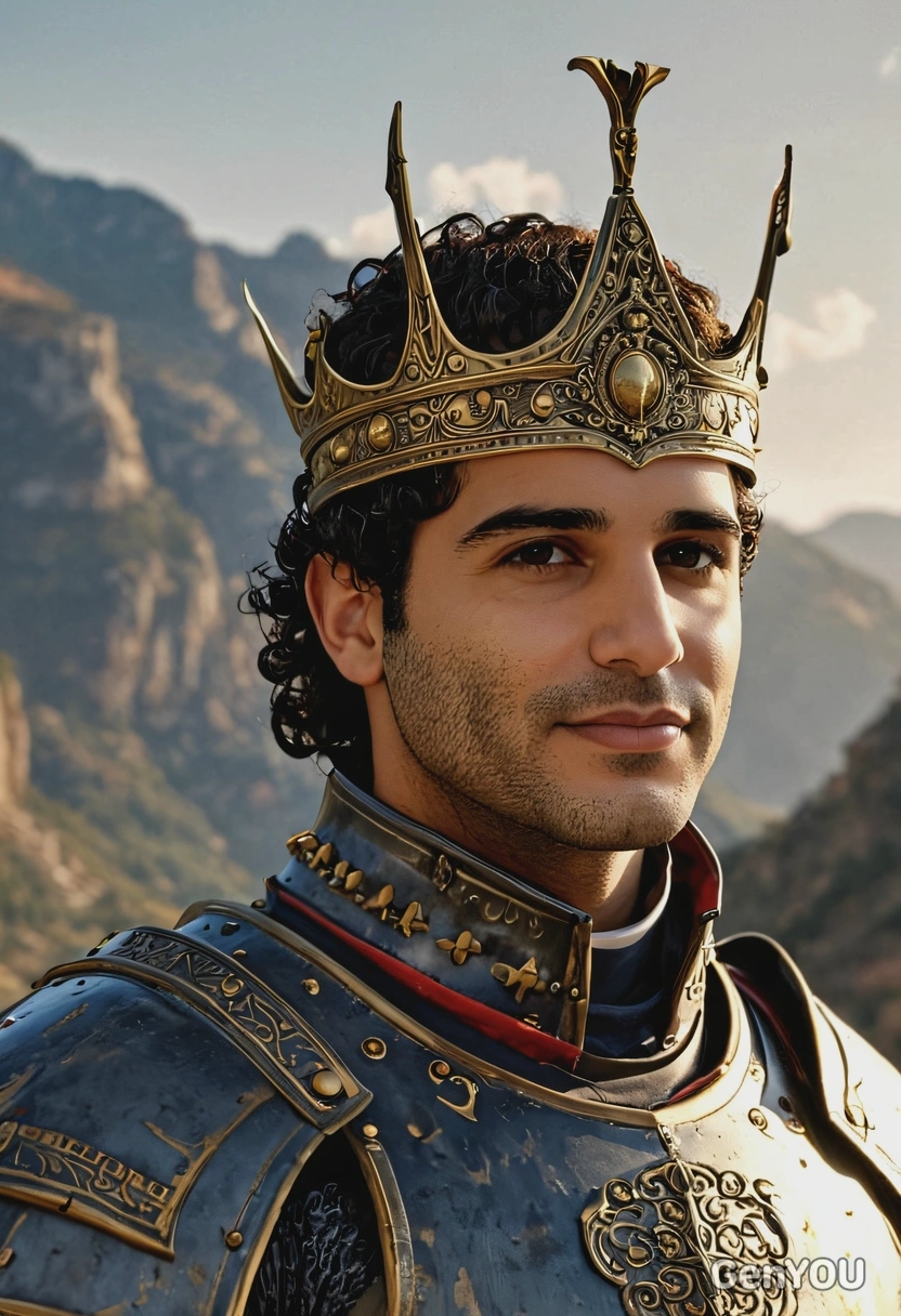 dark fantasy aesthetics, cinematic quality colors, realistic skin texture, hyperrealistic textured face skin, sharp high-quality, sharp focus on the face, profile view, medieval king, wearing a royal armor, in the battle field with blurry castle  on the mountain on the background, in the golden hour, huge sun the sky, long shadows, sun shines beautifully from aside and rays reflects on the armor