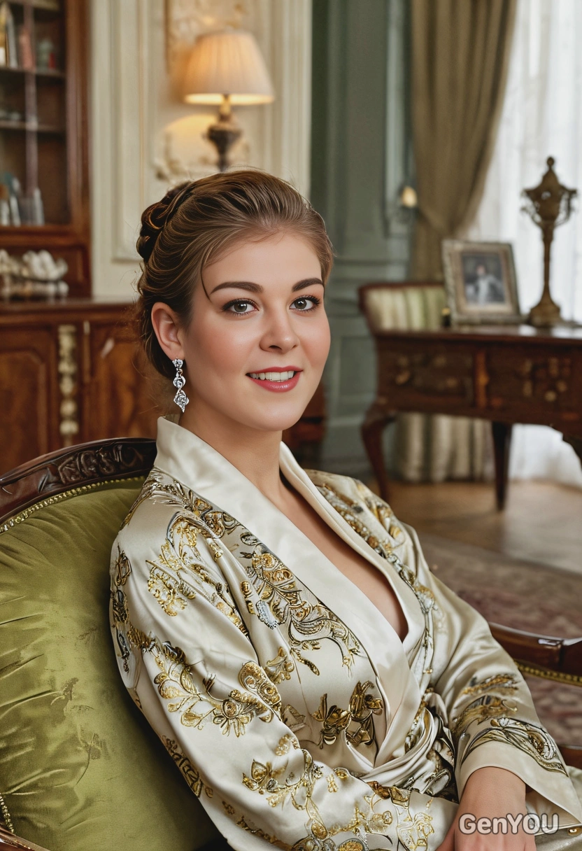 lounging on a chaise in a luxurious drawing room, wearing a silk robe and diamond earrings, with antique furniture surrounding her, cinematographic style, blurry background, professional filming, smiling 