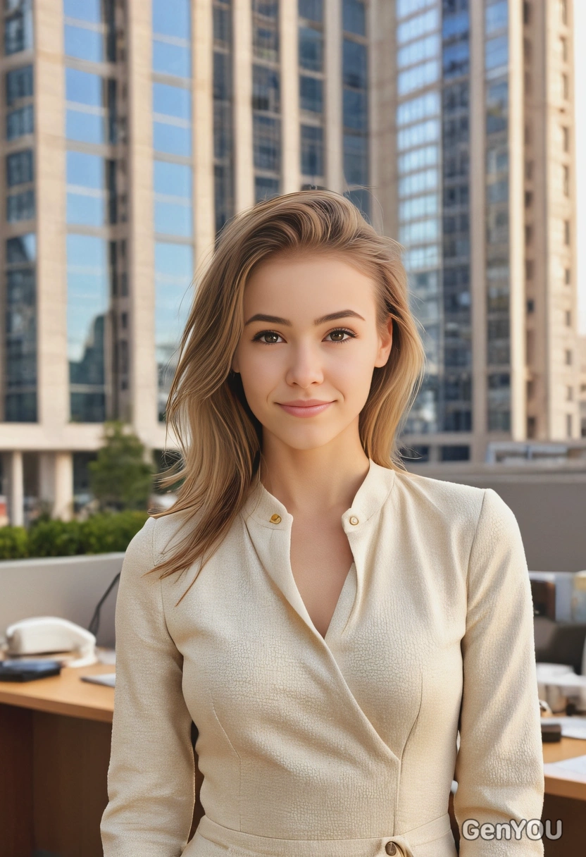 as a lady boss in a casual cream-colored fitted dress, cool standing, serious look, voluminous hair, a mid-body photo, blurry office building background, sharp skin texture details, sunrise lighting