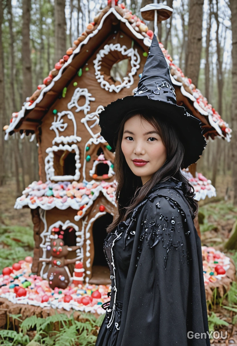 As the Wicked Witch from Hansel and Gretel, wearing a tattered black cloak and hat, standing in front of a candy-covered gingerbread house in the woods