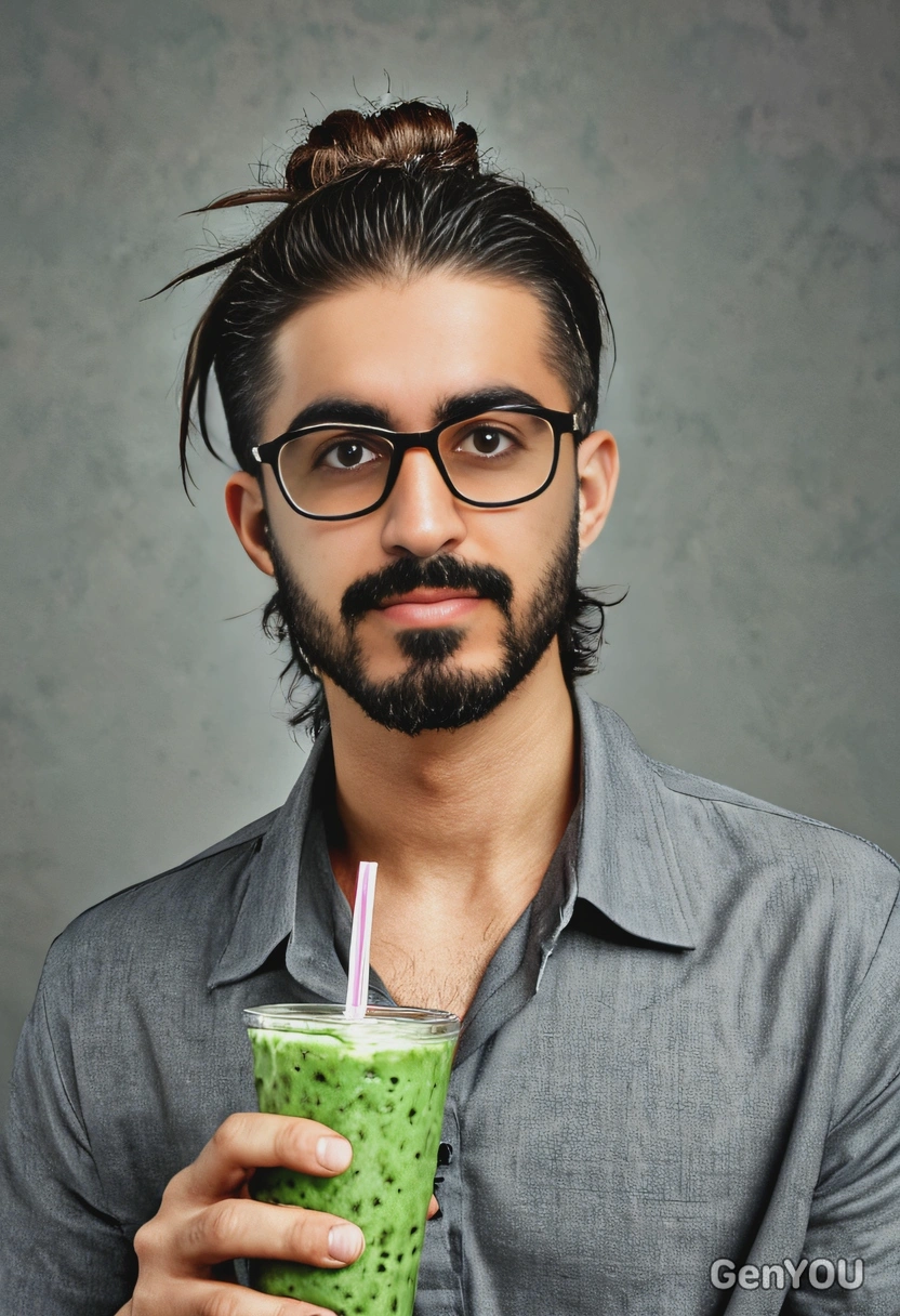 drinking smoothie, long hair in updo, artistic photo, symmetrical details, eyeglasses, sharp cheekbones