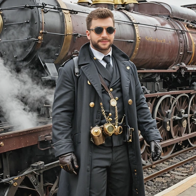 as a Steampunk bounty hunter, dressed in a long coat with brass goggles, standing near a steam-powered train