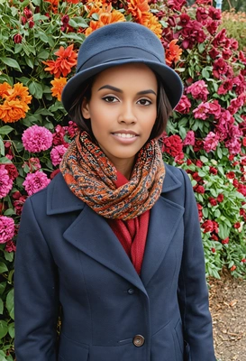 with a wool hat and coat, surrounded by autumn flowers
