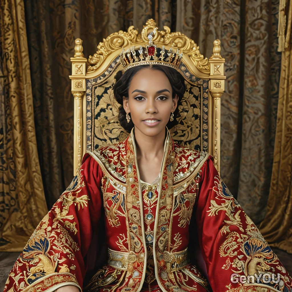 a queen wearing a magnificent crown and a richly embroidered robe, seated on an elaborate golden throne with majestic curtains behind her