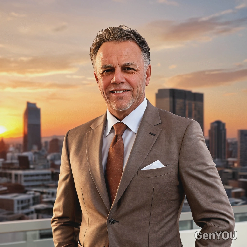 sharp high-quality mid-body photo, sharp skin texture details, nice hairdo, neat brown business suit relaxed pose, blurry office background, sunset lighting