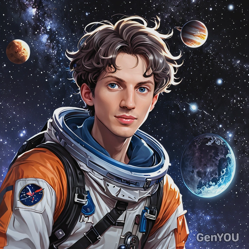 floating in space with stars and planets in the background, anime style, big eyes, manga drawing