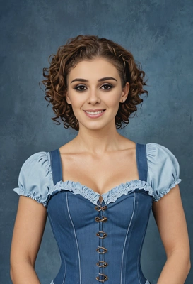student with tight ringlet curls, wearing a light blue denim corset top, in a mid-length portrait against a classic blue yearbook background, waist up shot 