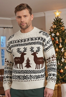 wearing a cozy knit sweater with reindeer patterns, standing next to a glowing Christmas tree with presents underneath in a living room, close up photo