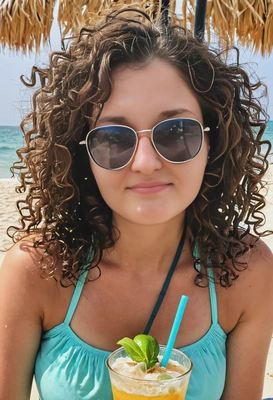 beach, drinking cocktails, looking happy, curly hair, sunglasses