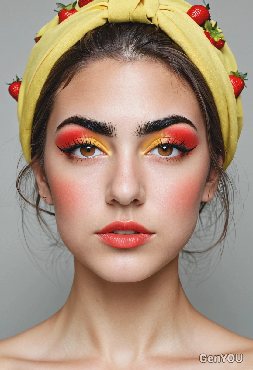 wearing artsy makeup inspired by strawberry, light-yellow and red colors, professional magazine photoshoot, symmetrical details