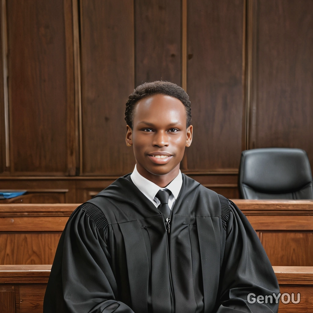 as a judge in a traditional black robe, sitting in a courtroom, half body view